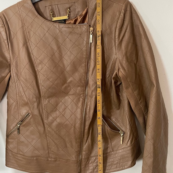 Camel colored leather Iman quilt stitched bomber jacket. - Picture 4 of 5